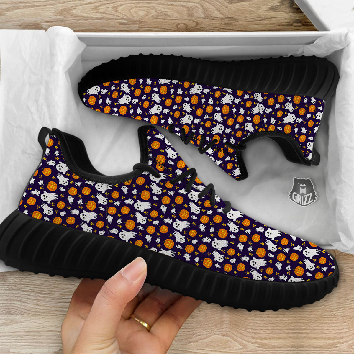 Pumpkin And Ghost Print Pattern Black Walking Shoes-grizzshop
