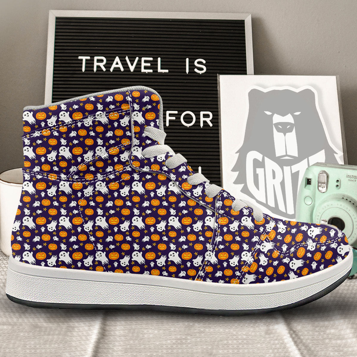 Pumpkin And Ghost Print Pattern High Top Sneakers-grizzshop