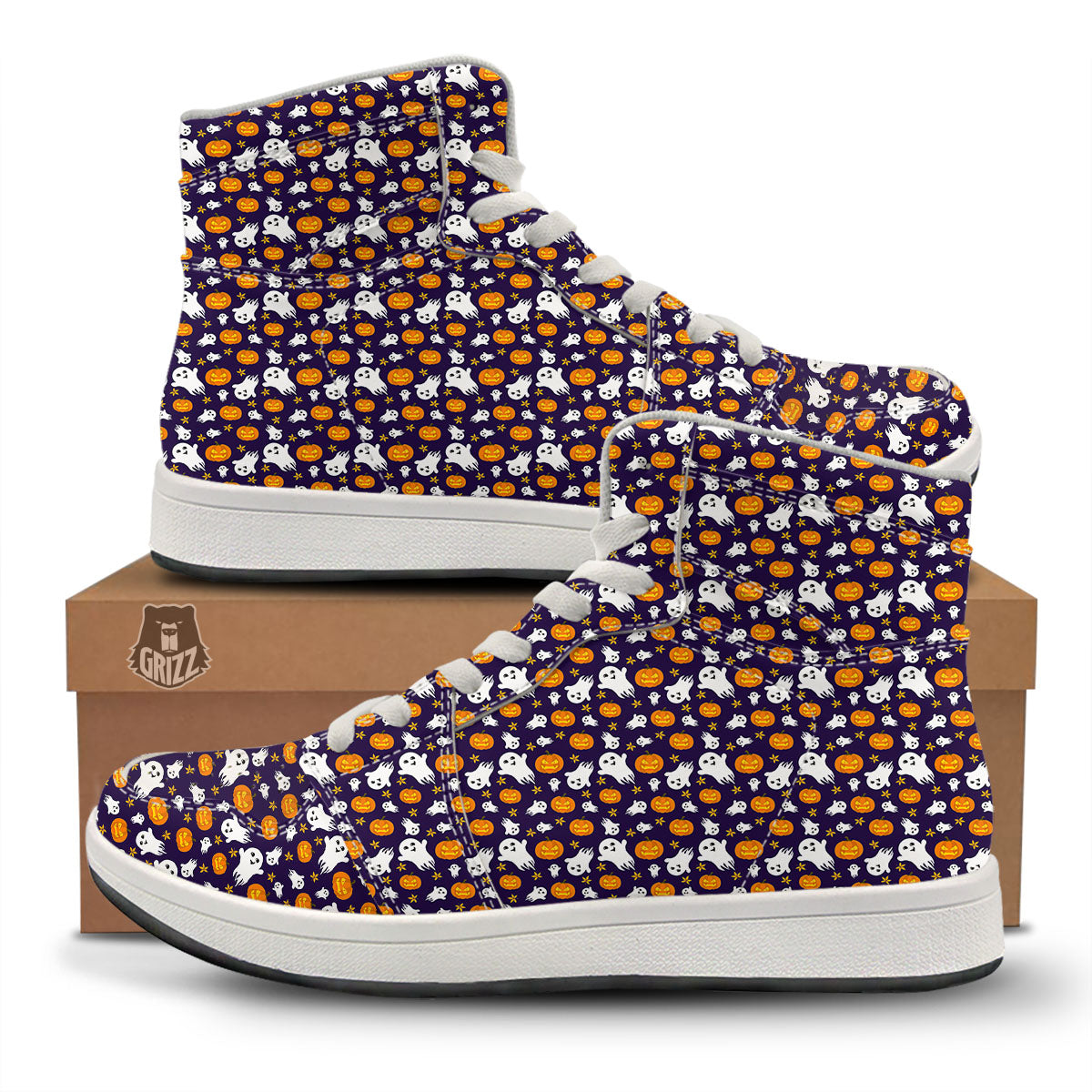 Pumpkin And Ghost Print Pattern High Top Sneakers-grizzshop