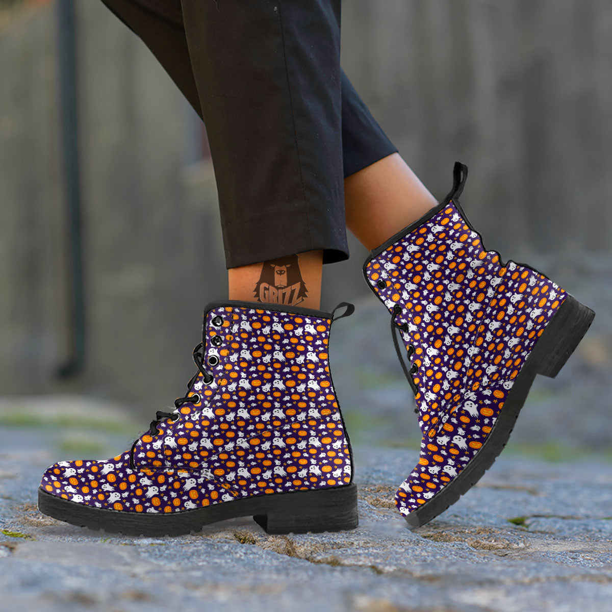 Pumpkin And Ghost Print Pattern Leather Boots-grizzshop