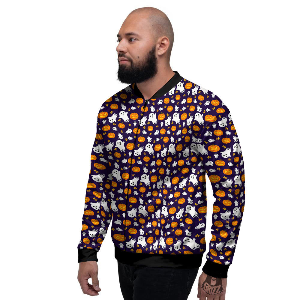 Pumpkin And Ghost Print Pattern Men's Bomber Jacket-grizzshop