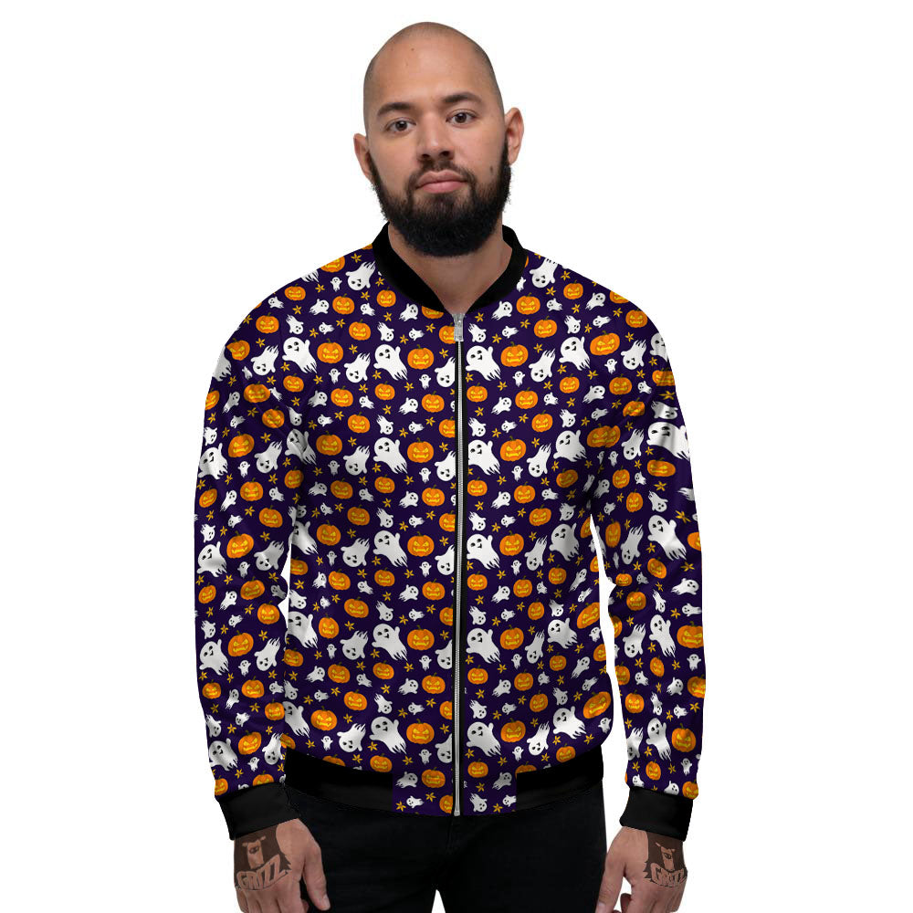 Pumpkin And Ghost Print Pattern Men's Bomber Jacket-grizzshop
