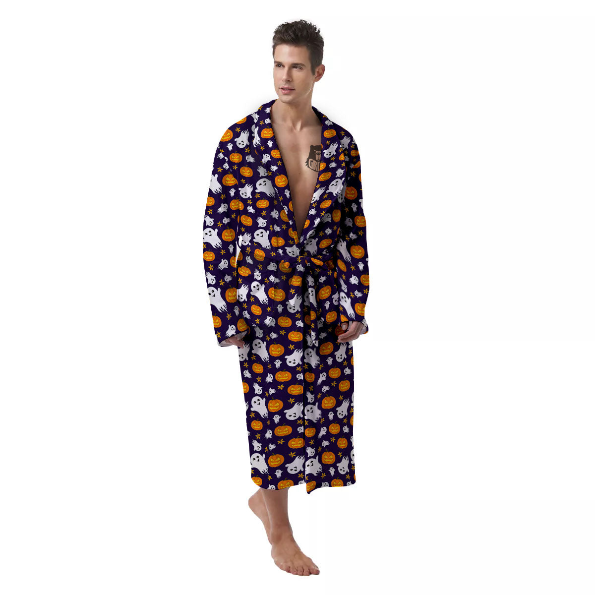 Pumpkin And Ghost Print Pattern Men's Robe-grizzshop