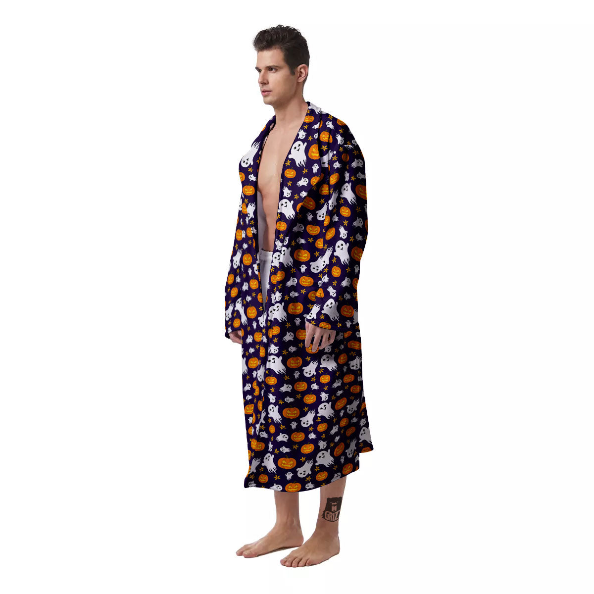 Pumpkin And Ghost Print Pattern Men's Robe-grizzshop
