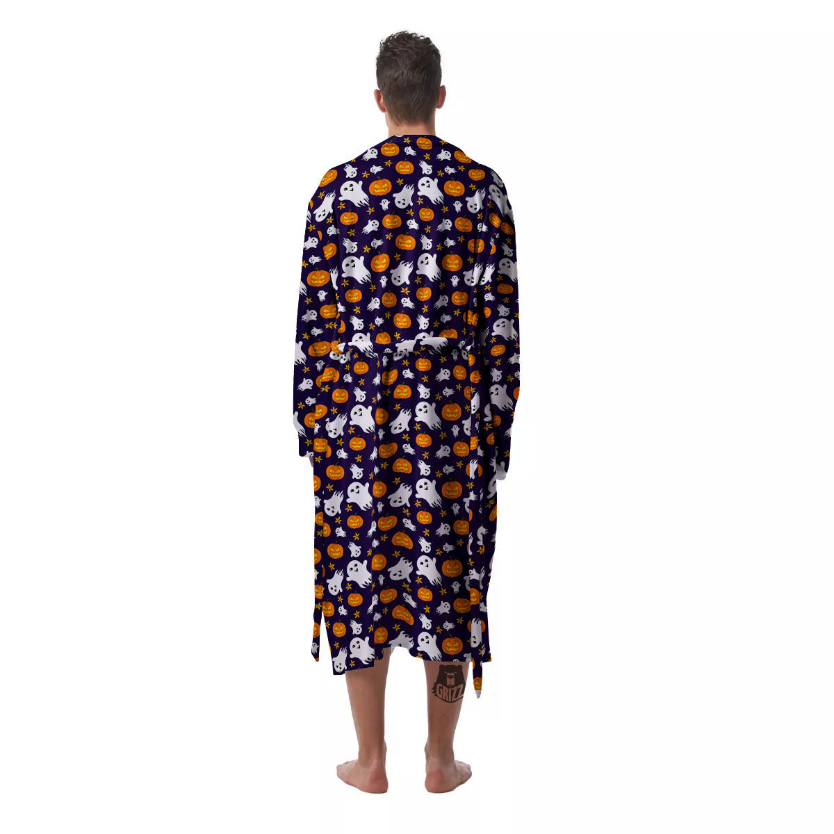 Pumpkin And Ghost Print Pattern Men's Robe-grizzshop