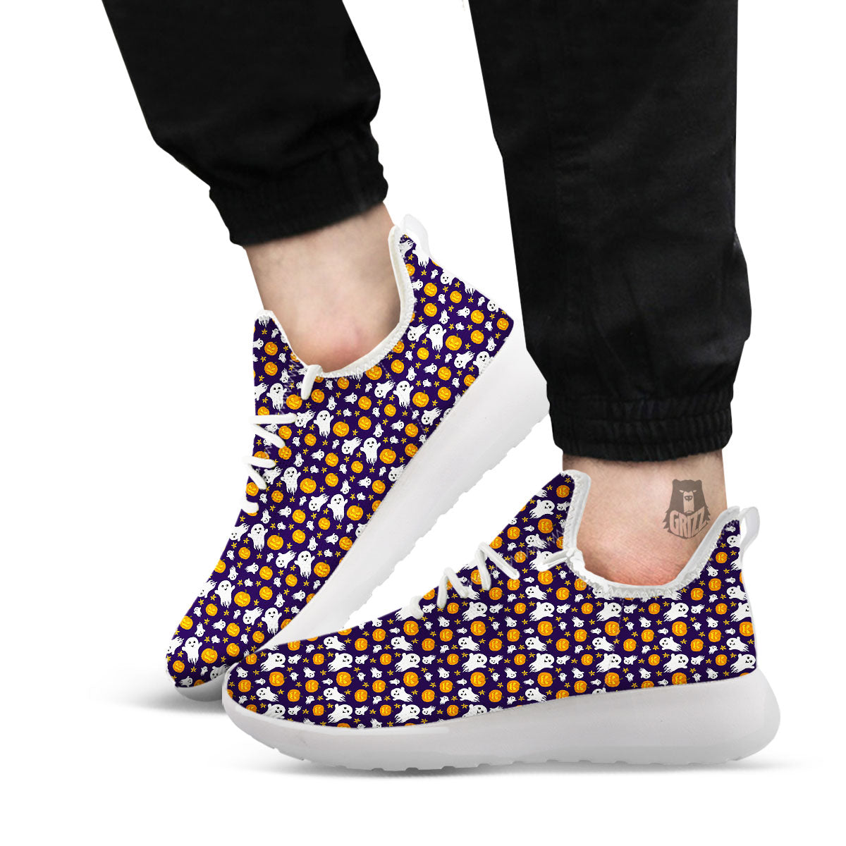 Pumpkin And Ghost Print Pattern White Athletic Shoes-grizzshop