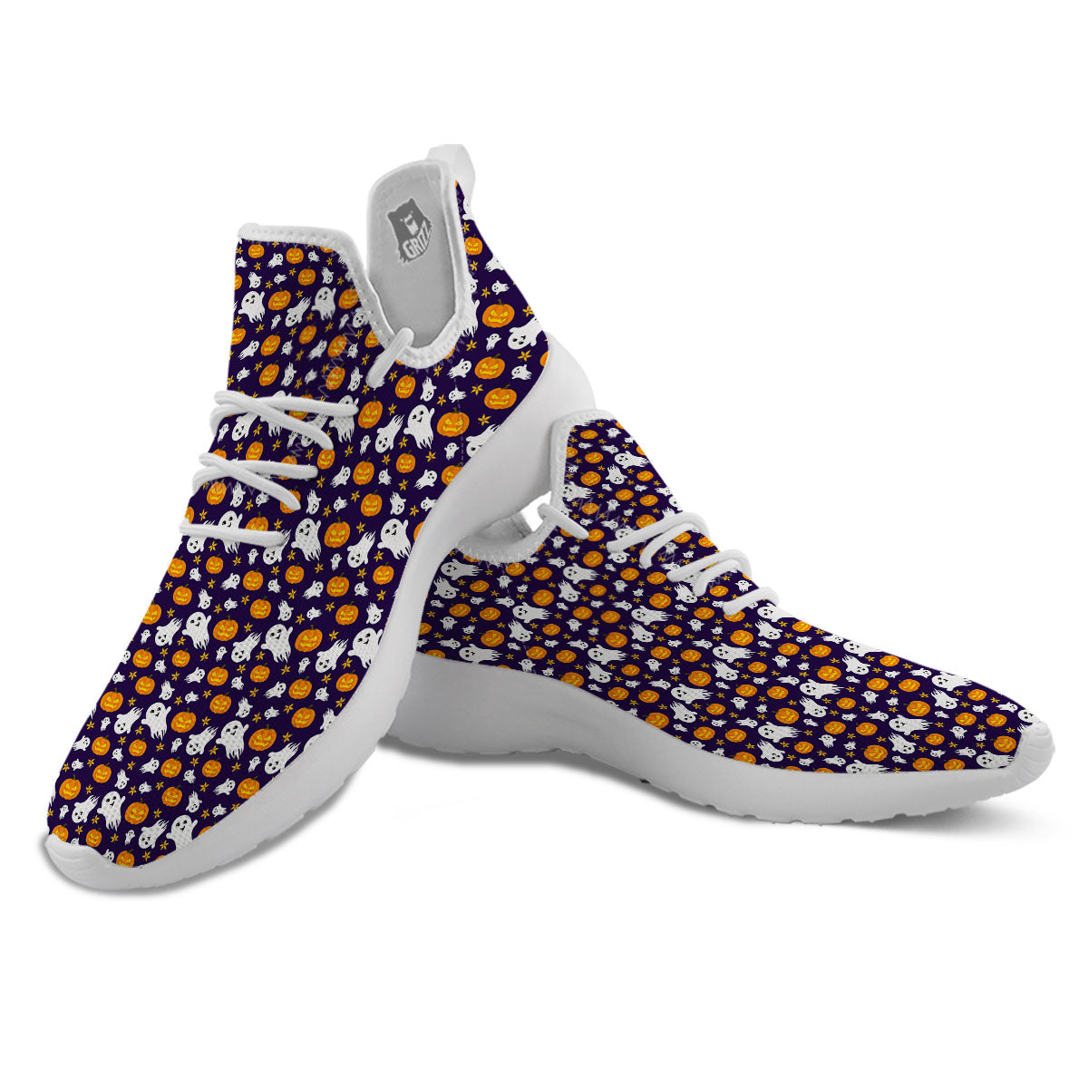 Pumpkin And Ghost Print Pattern White Athletic Shoes-grizzshop