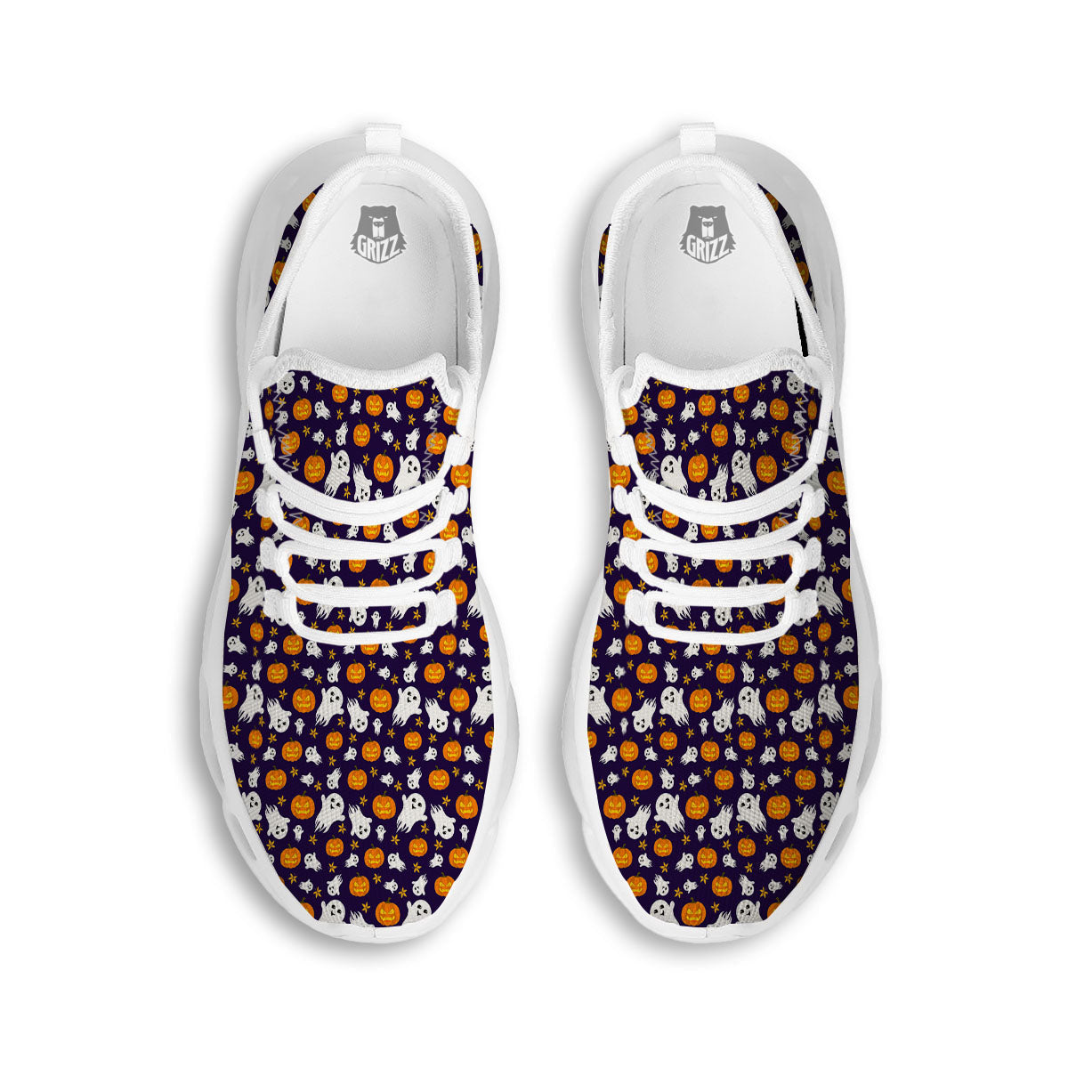 Pumpkin And Ghost Print Pattern White Running Shoes-grizzshop