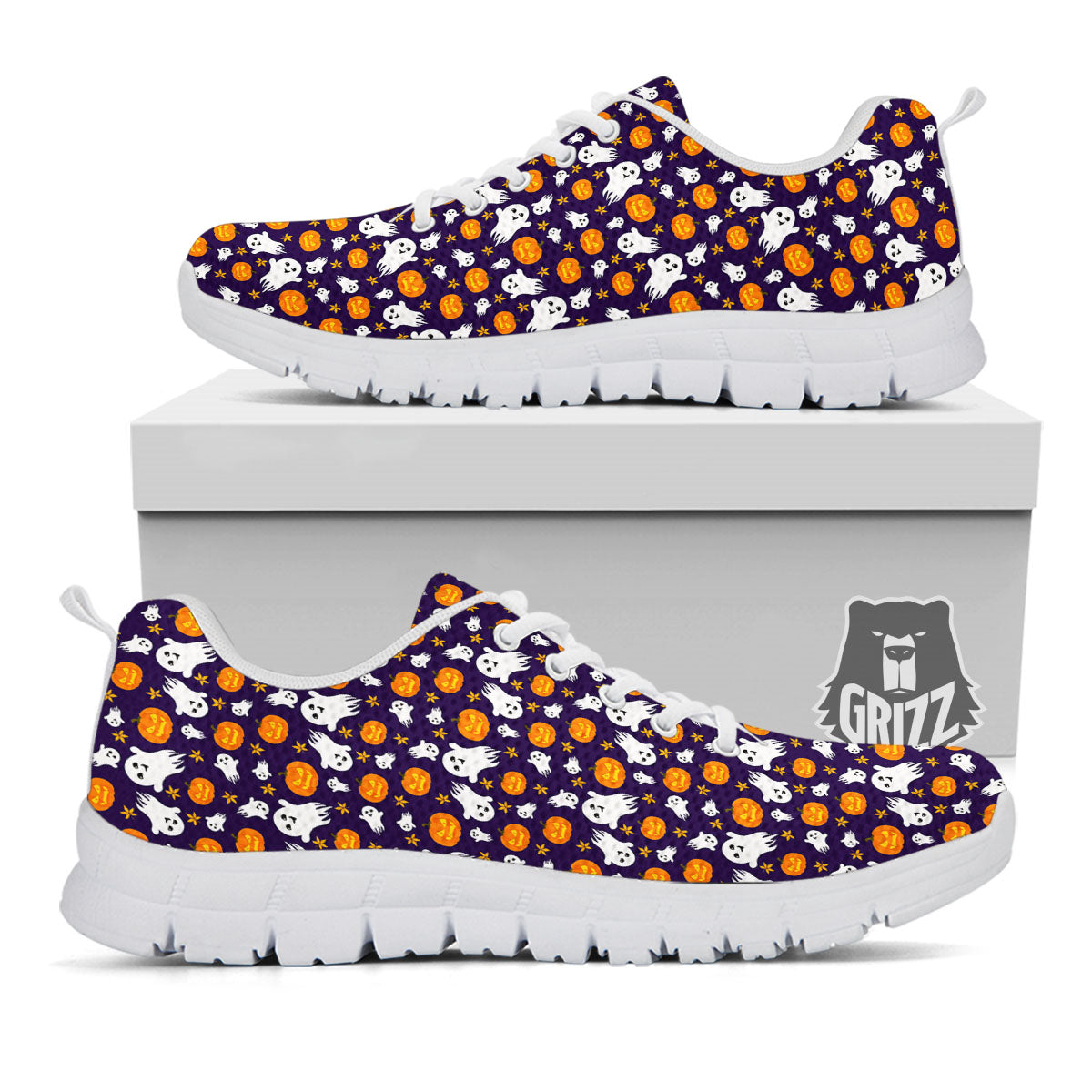 Pumpkin And Ghost Print Pattern White Sneaker-grizzshop
