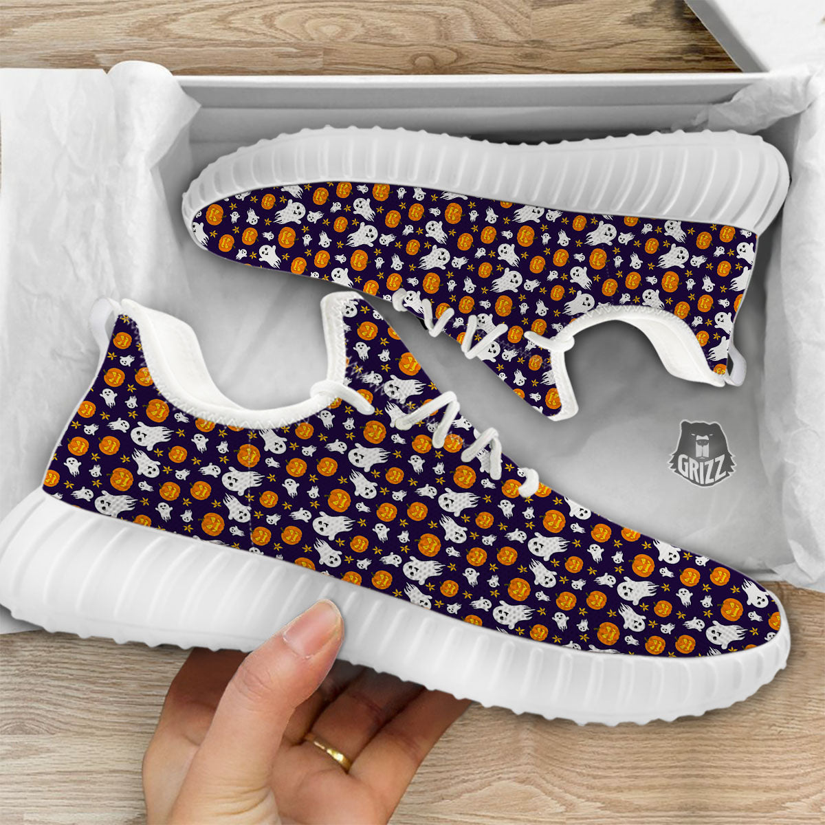 Pumpkin And Ghost Print Pattern White Walking Shoes-grizzshop