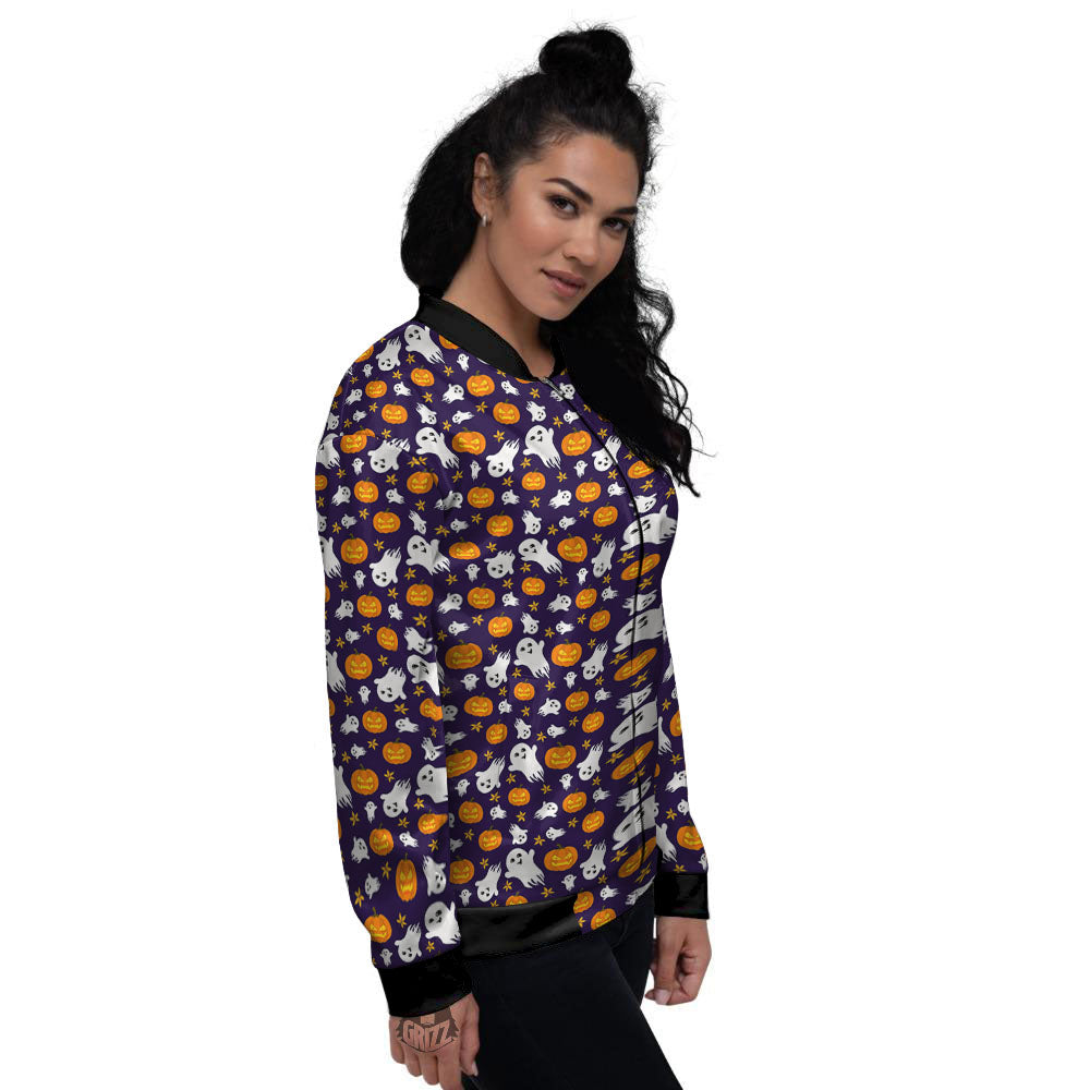 Pumpkin And Ghost Print Pattern Women's Bomber Jacket-grizzshop
