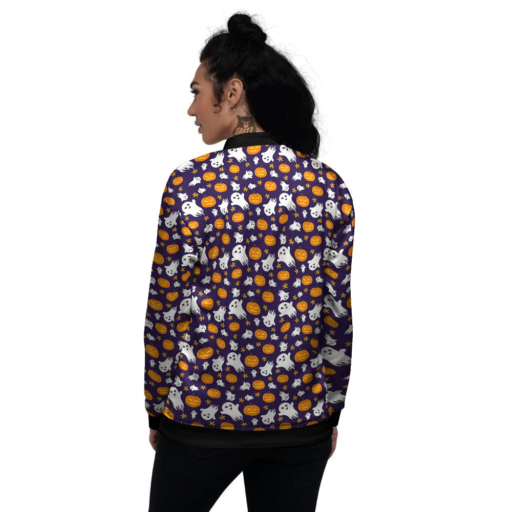 Pumpkin And Ghost Print Pattern Women's Bomber Jacket-grizzshop