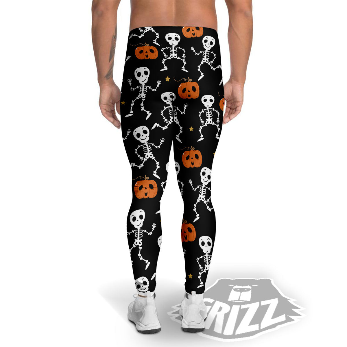 Pumpkin And Skeleton Halloween Print Men's Leggings-grizzshop