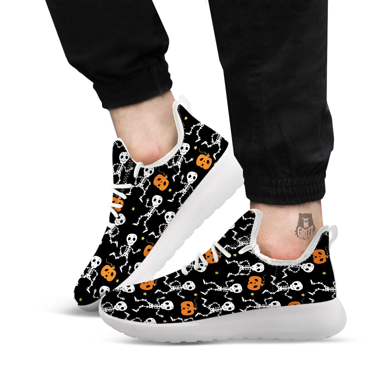 Pumpkin And Skeleton Halloween Print White Athletic Shoes-grizzshop