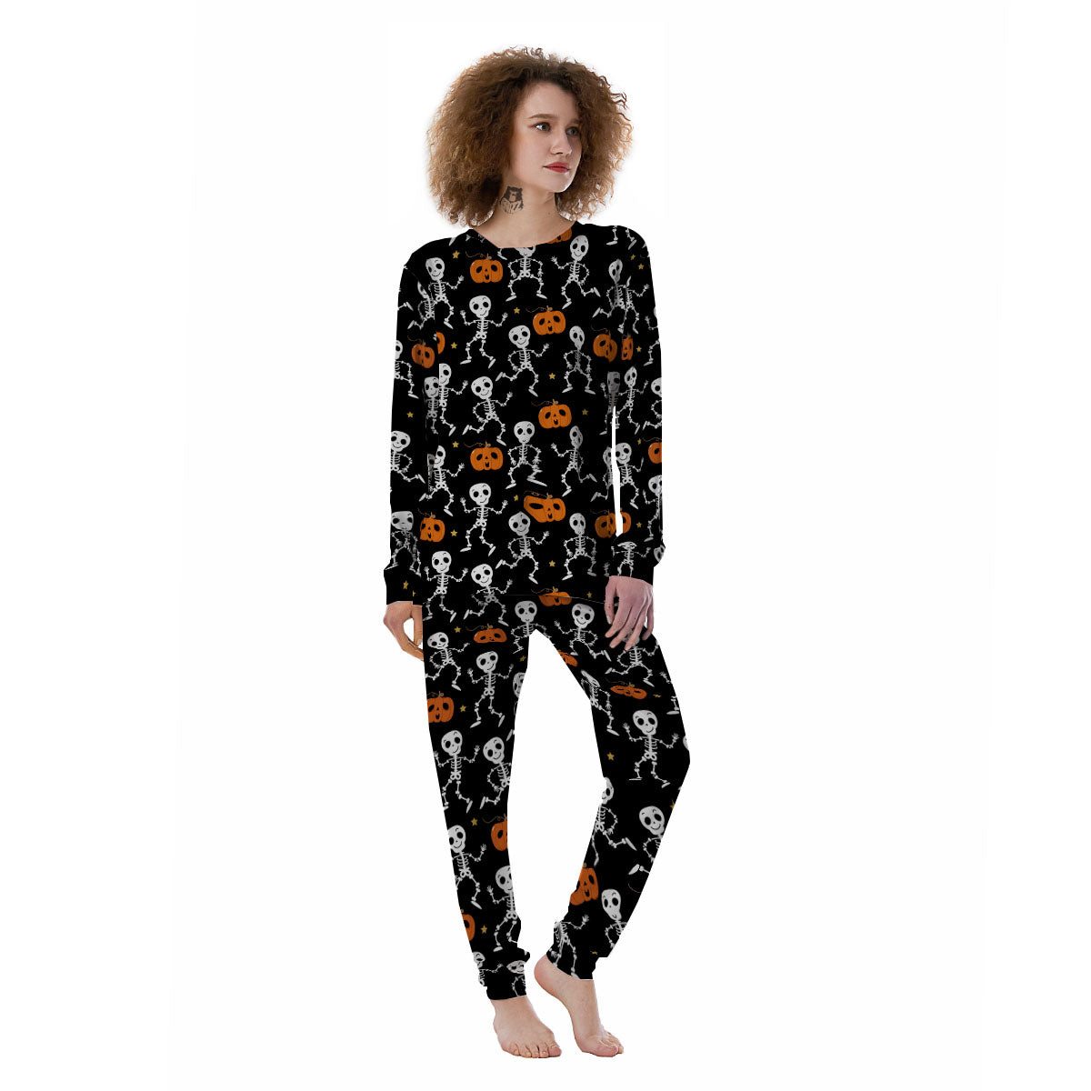 Pumpkin And Skeleton Halloween Print Women's Pajamas-grizzshop