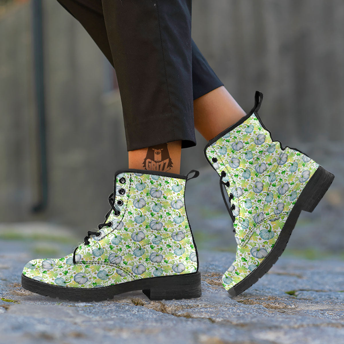 Pumpkin Green Print Pattern Leather Boots-grizzshop