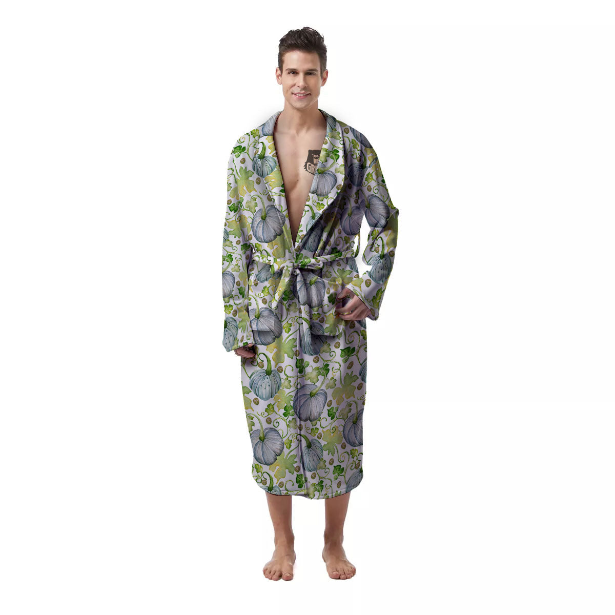 Pumpkin Green Print Pattern Men's Robe-grizzshop
