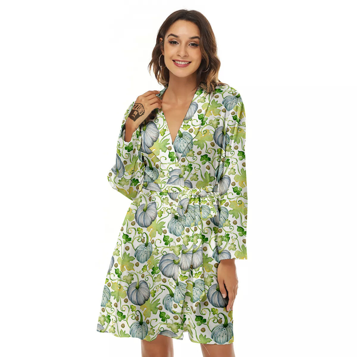 Pumpkin Green Print Pattern Women's Robe-grizzshop