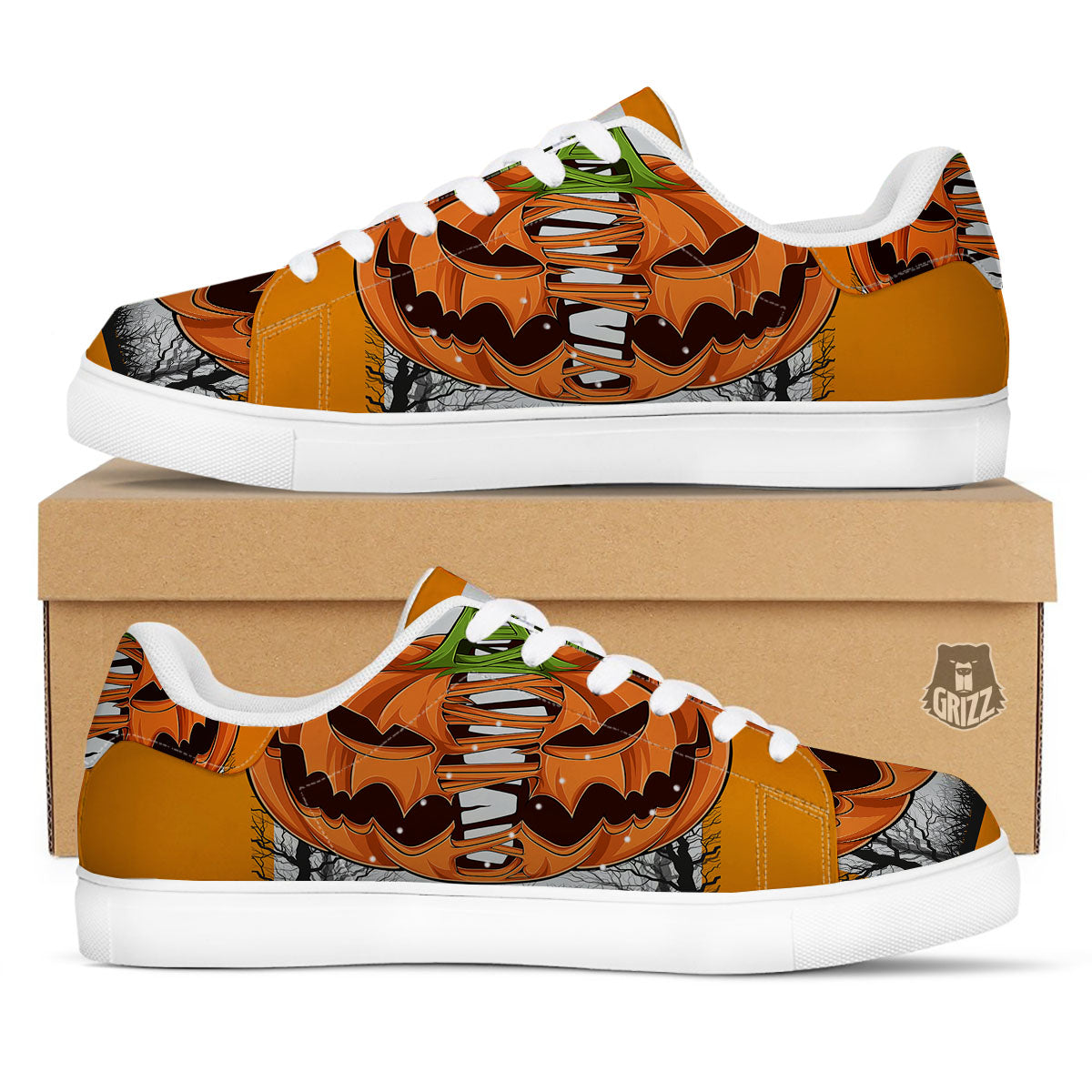 Pumpkin Halloween Character Print White Low Top Sneakers-grizzshop