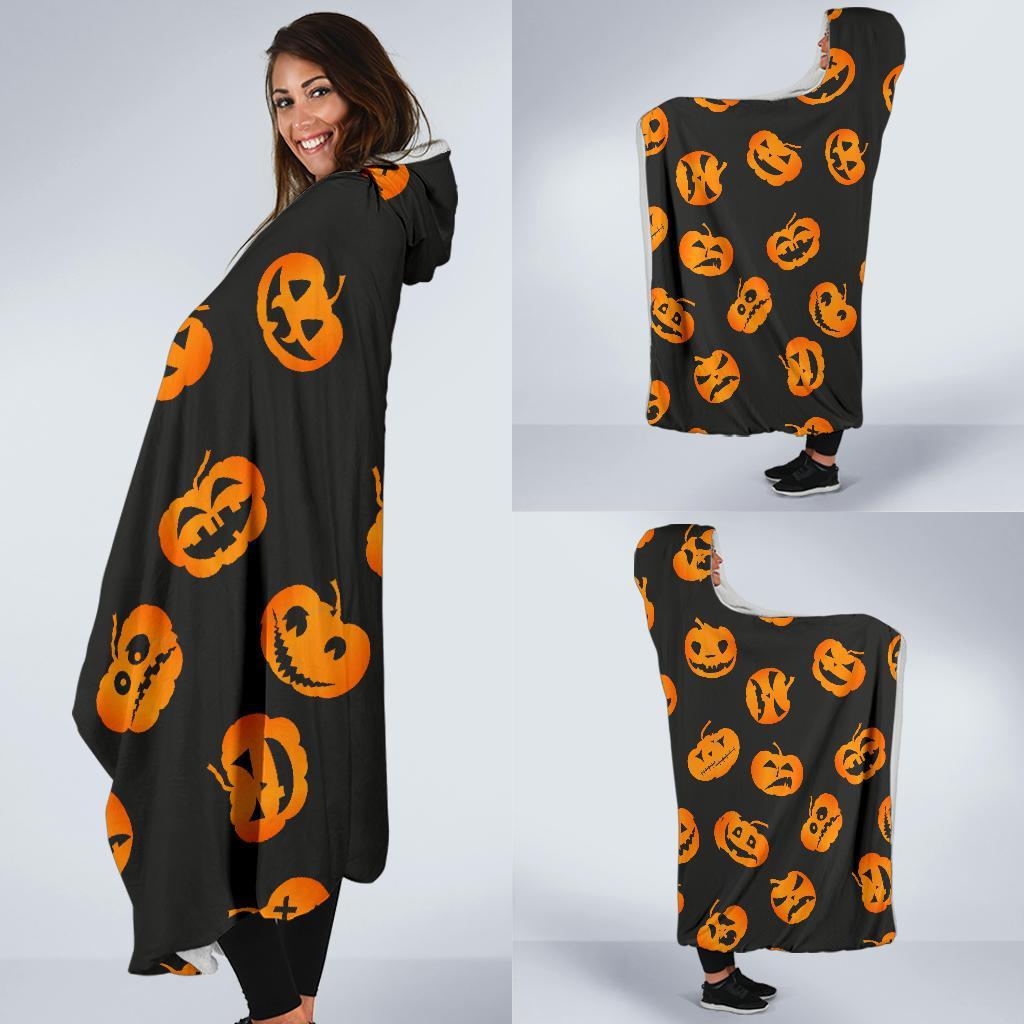 Pumpkin Halloween Pattern Print Hooded Blanket-grizzshop