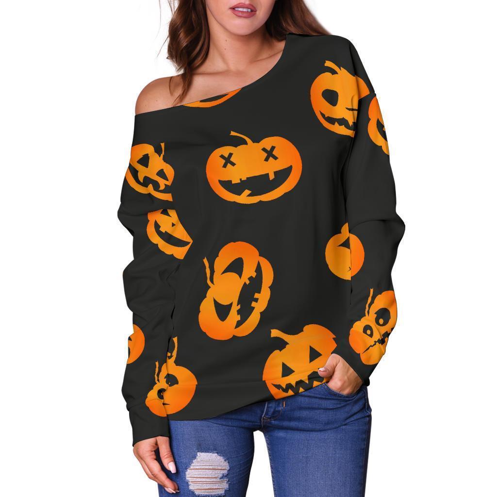 Pumpkin Halloween Pattern Print Women Off Shoulder Sweatshirt-grizzshop