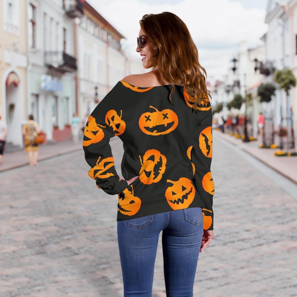 Pumpkin Halloween Pattern Print Women Off Shoulder Sweatshirt-grizzshop