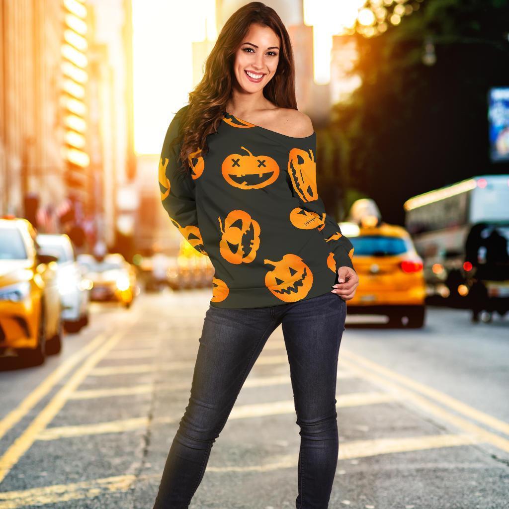 Pumpkin Halloween Pattern Print Women Off Shoulder Sweatshirt-grizzshop