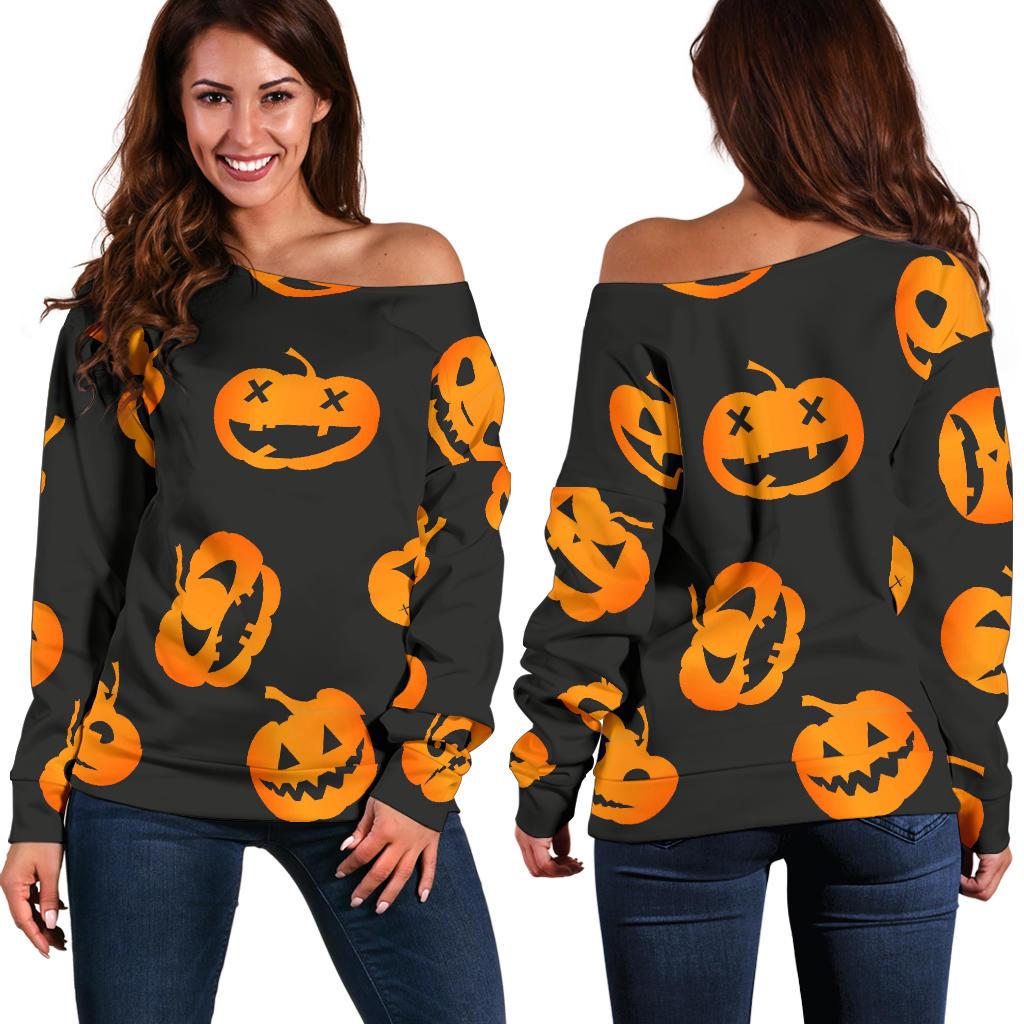 Pumpkin Halloween Pattern Print Women Off Shoulder Sweatshirt-grizzshop