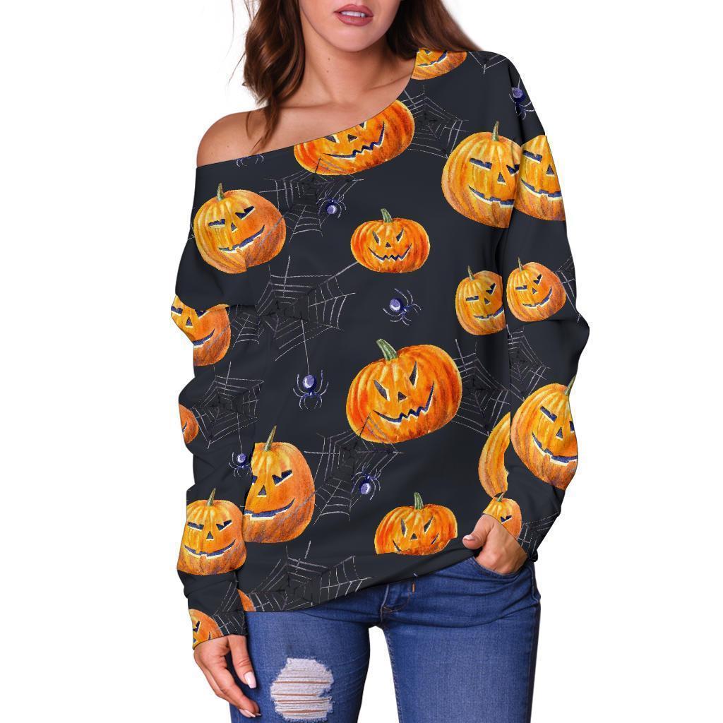 Pumpkin Halloween Print Pattern Women Off Shoulder Sweatshirt-grizzshop