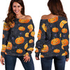 Pumpkin Halloween Print Pattern Women Off Shoulder Sweatshirt-grizzshop