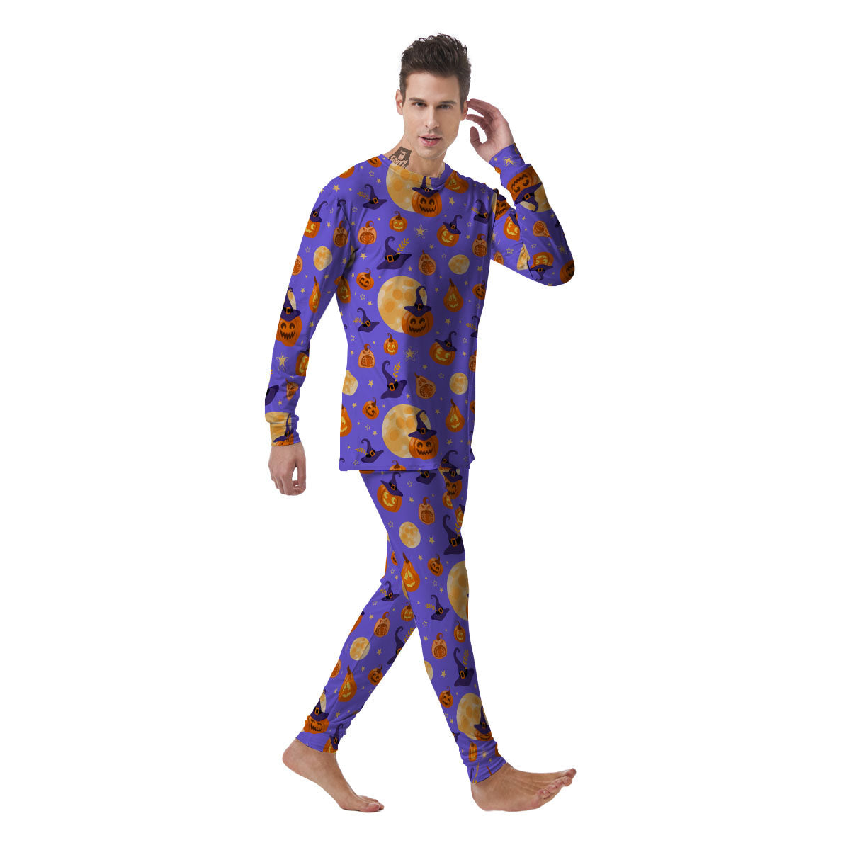 Pumpkin Halloween Purple Print Pattern Men's Pajamas-grizzshop