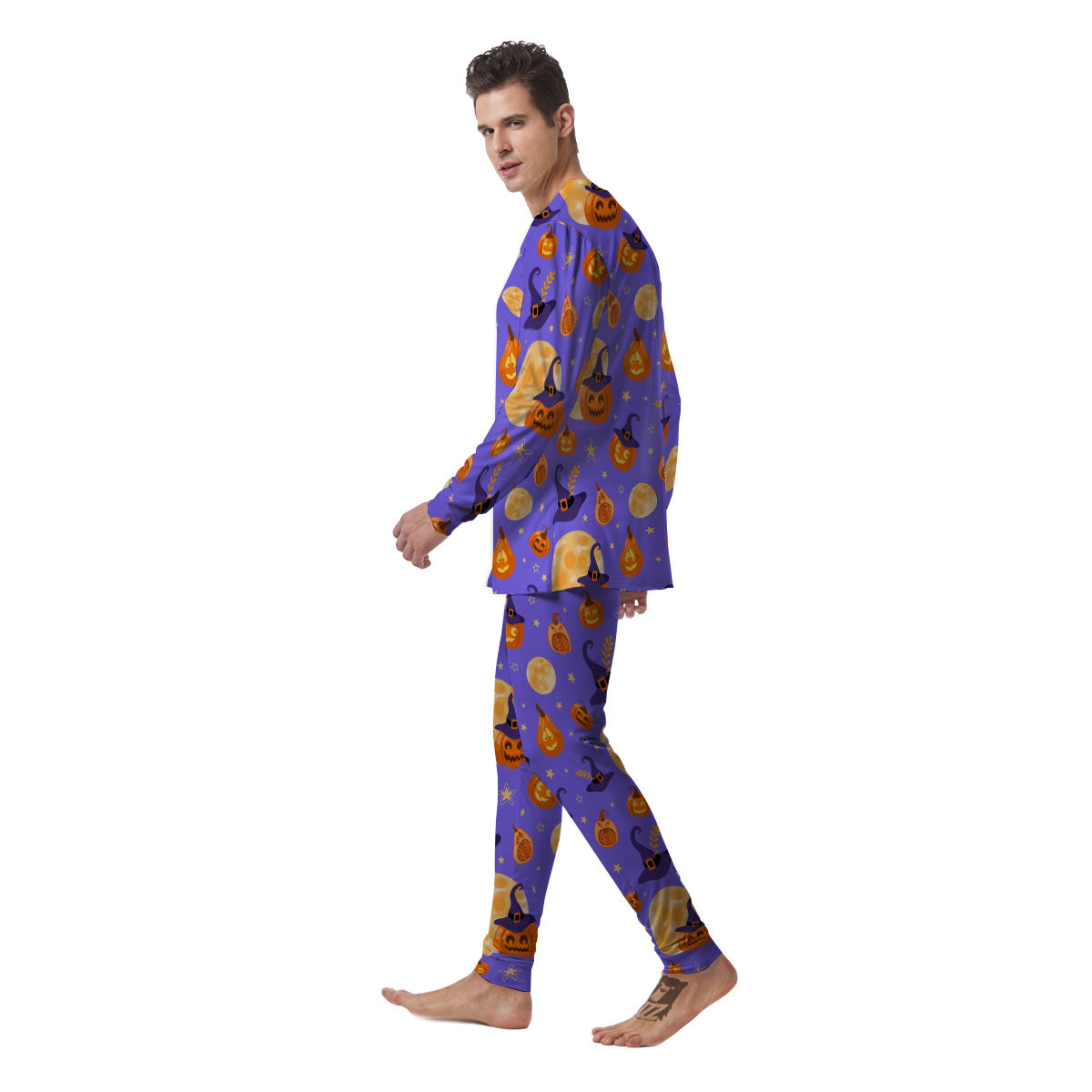 Pumpkin Halloween Purple Print Pattern Men's Pajamas-grizzshop