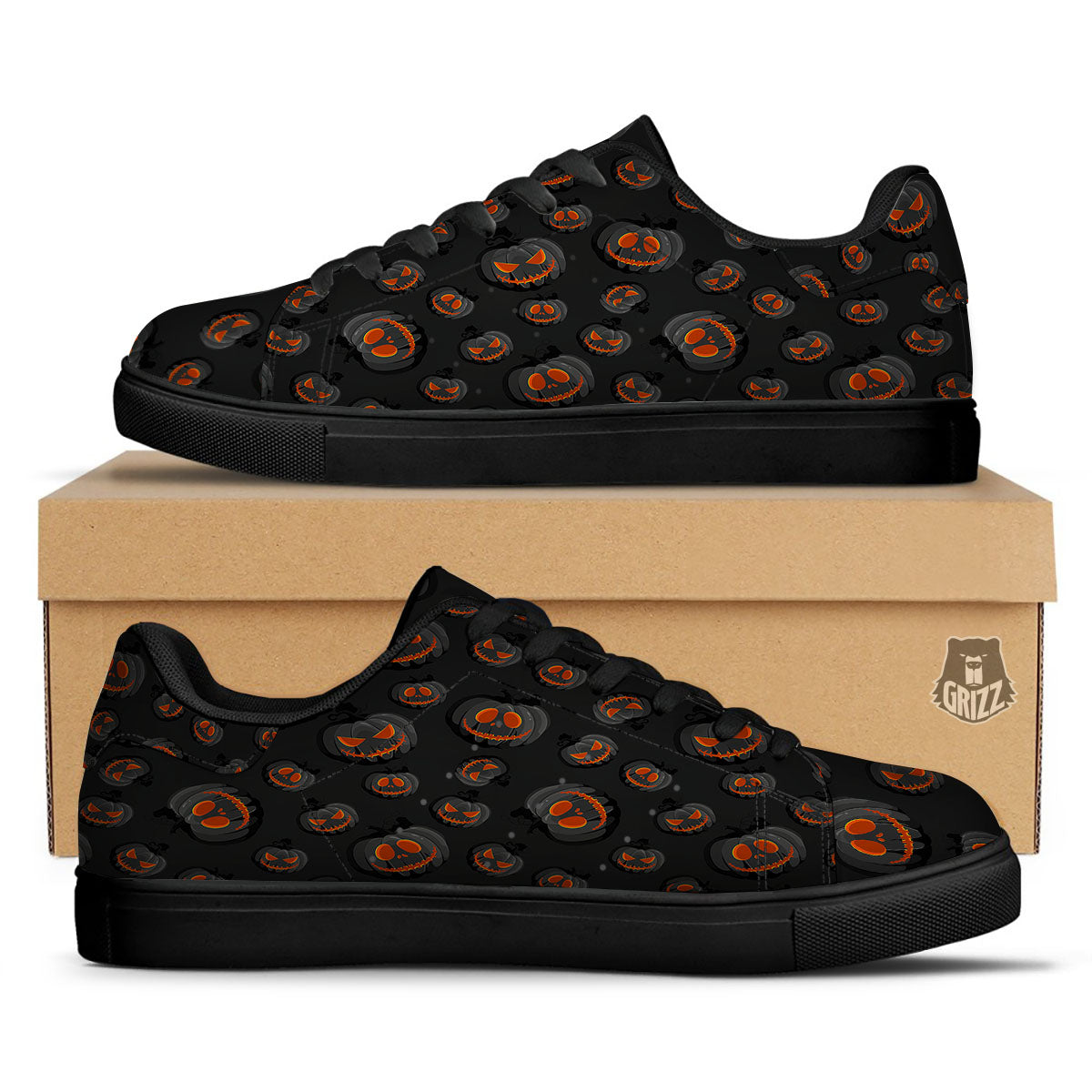 Pumpkin Jack O' Lantern Halloween Print Black Low Top Sneakers-grizzshop