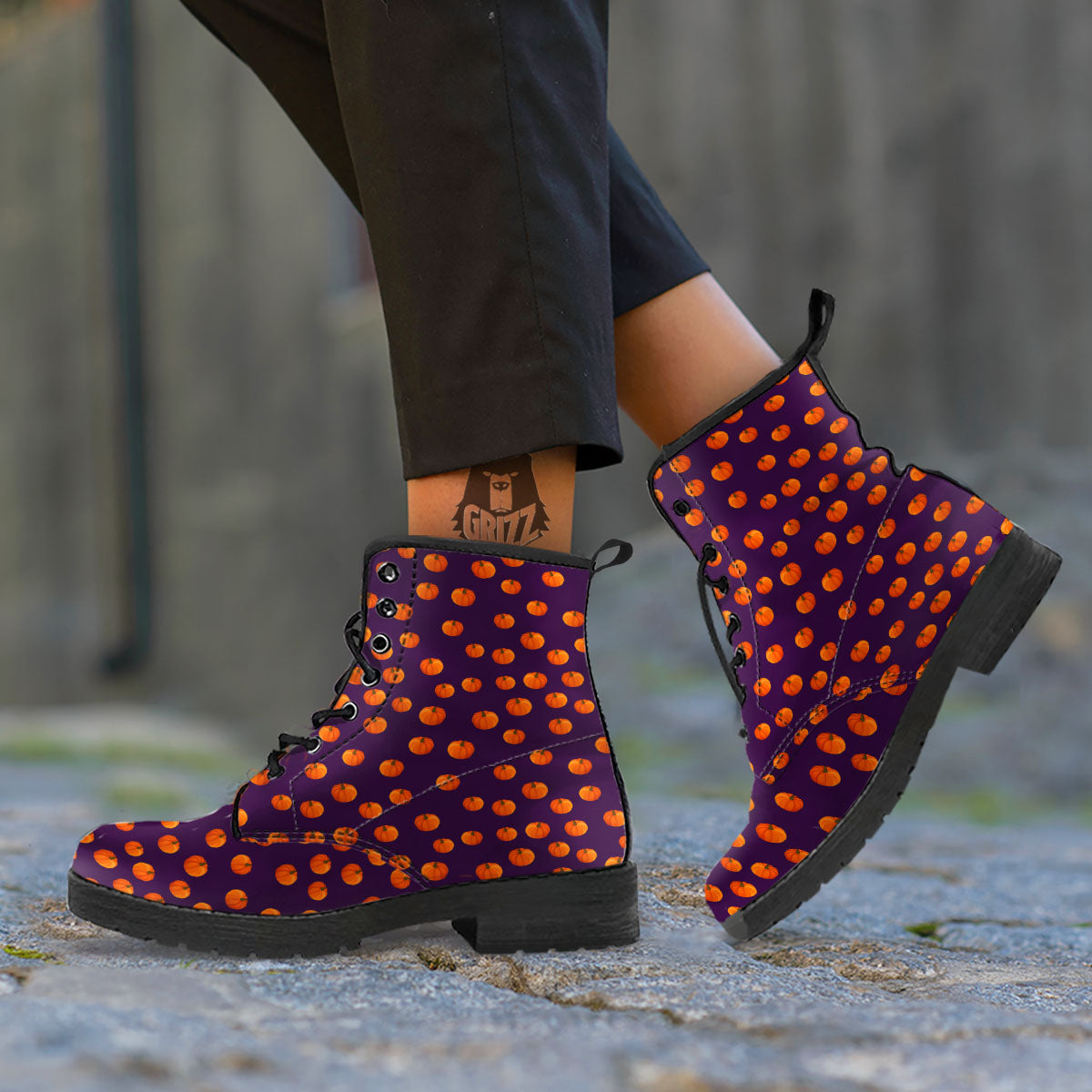 Pumpkin Little Print Pattern Leather Boots-grizzshop