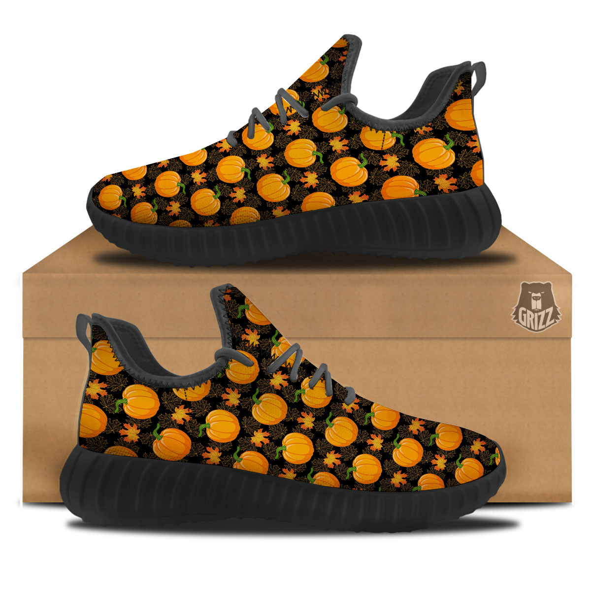 Pumpkin Orange Print Pattern Black Walking Shoes-grizzshop