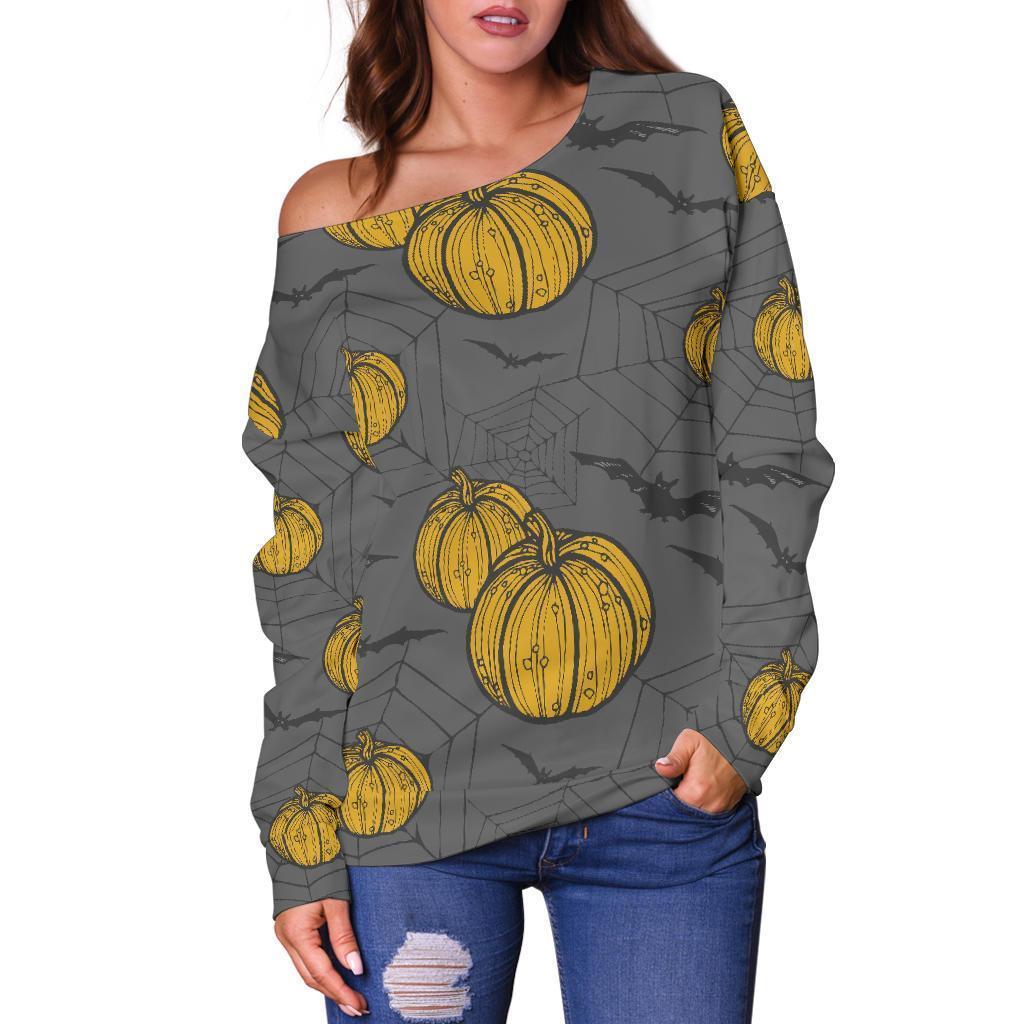 Pumpkin Pattern Print Women Off Shoulder Sweatshirt-grizzshop