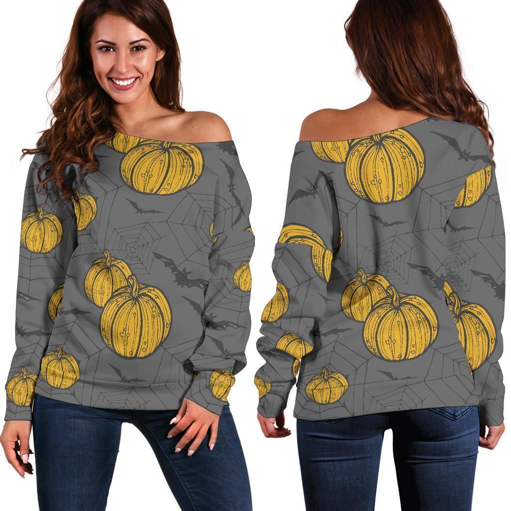 Pumpkin Pattern Print Women Off Shoulder Sweatshirt-grizzshop
