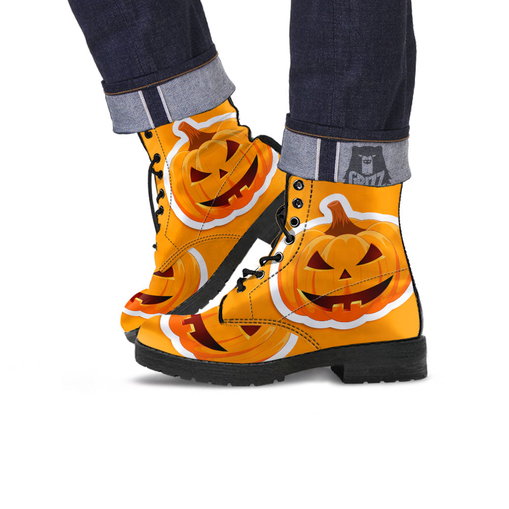 Pumpkin Print Leather Boots-grizzshop