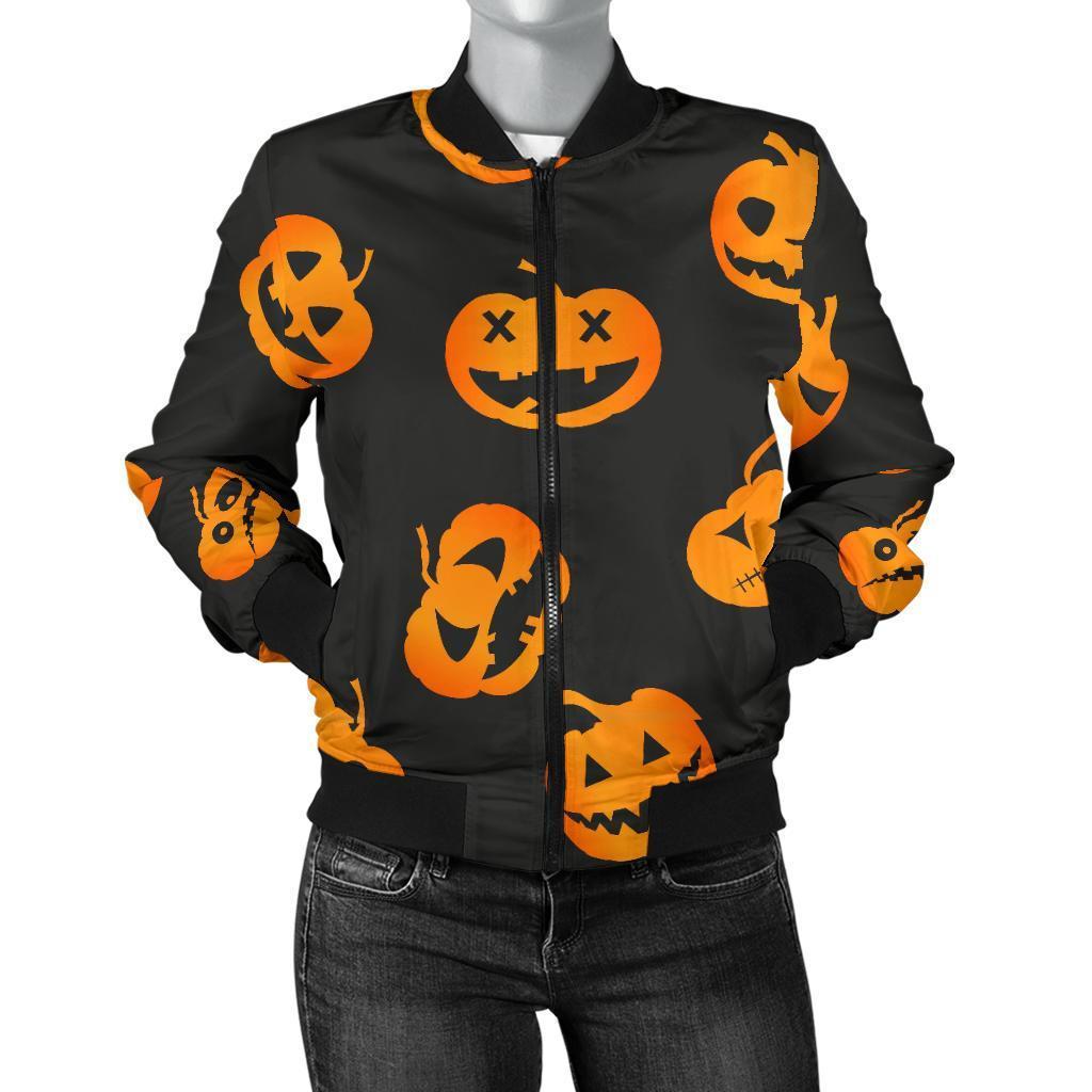 Pumpkin Halloween Pattern Print Women Casual Bomber Jacket-grizzshop