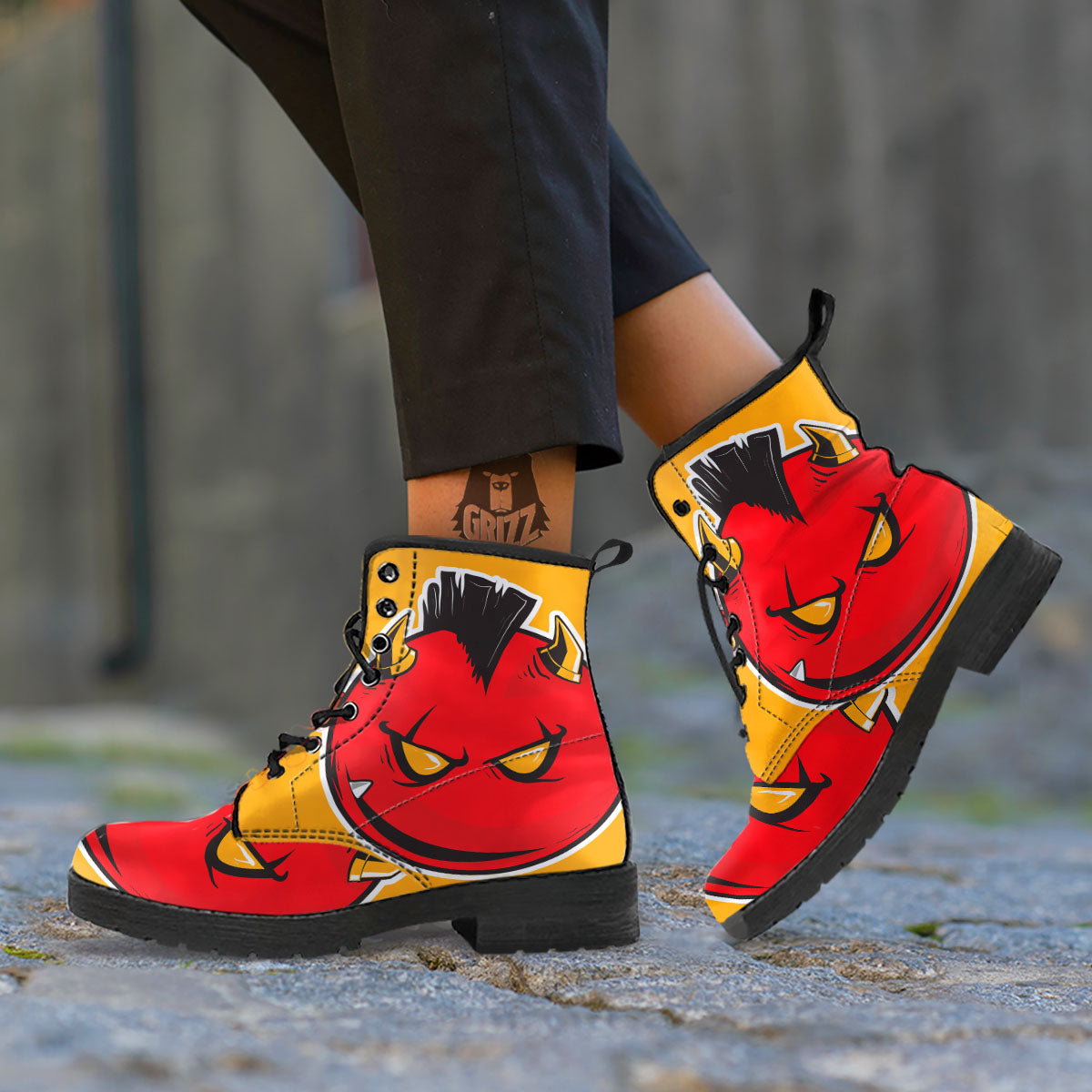 Punk Devil Mohawk Print Leather Boots-grizzshop