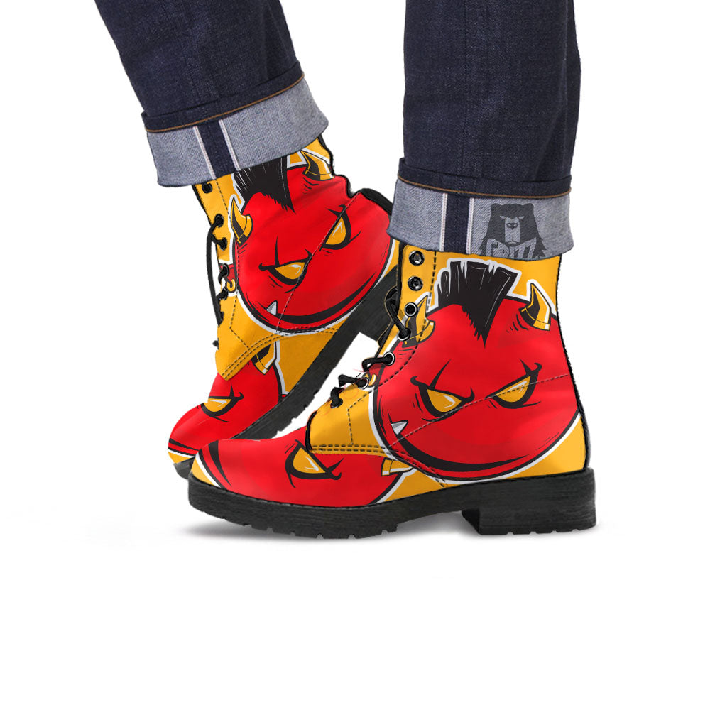 Punk Devil Mohawk Print Leather Boots-grizzshop
