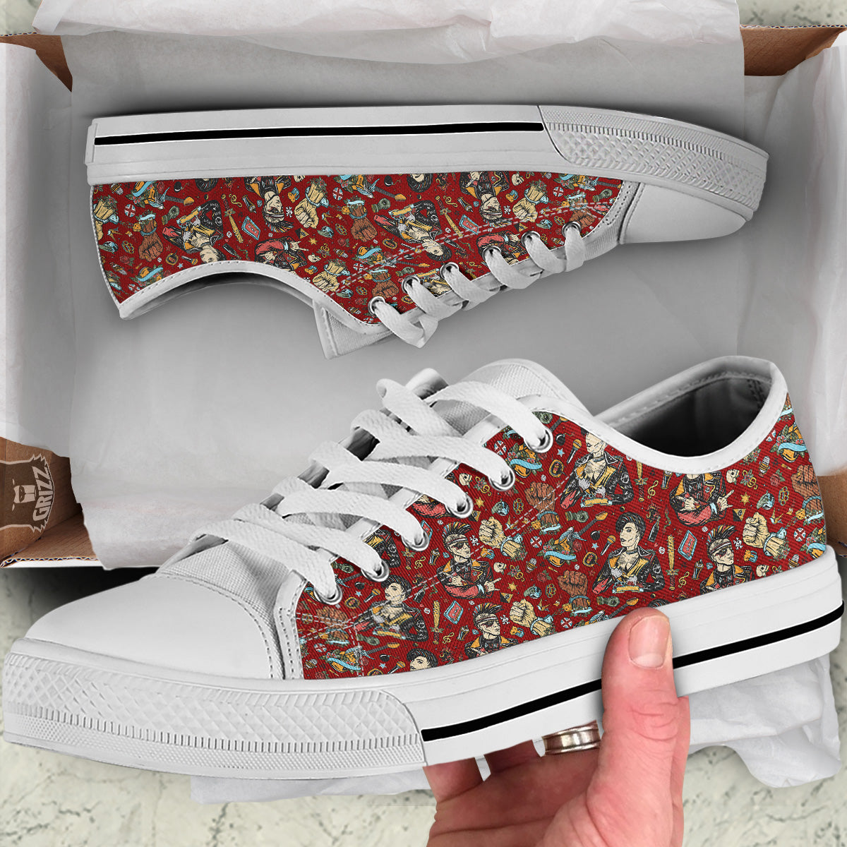 Punk Girl Lifestyle Tattoo Print Pattern White Low Top Shoes-grizzshop