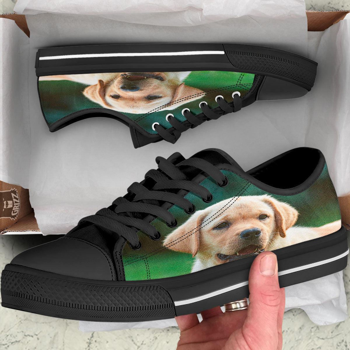 Puppy And Labrador Retriever Print Black Low Top Shoes-grizzshop