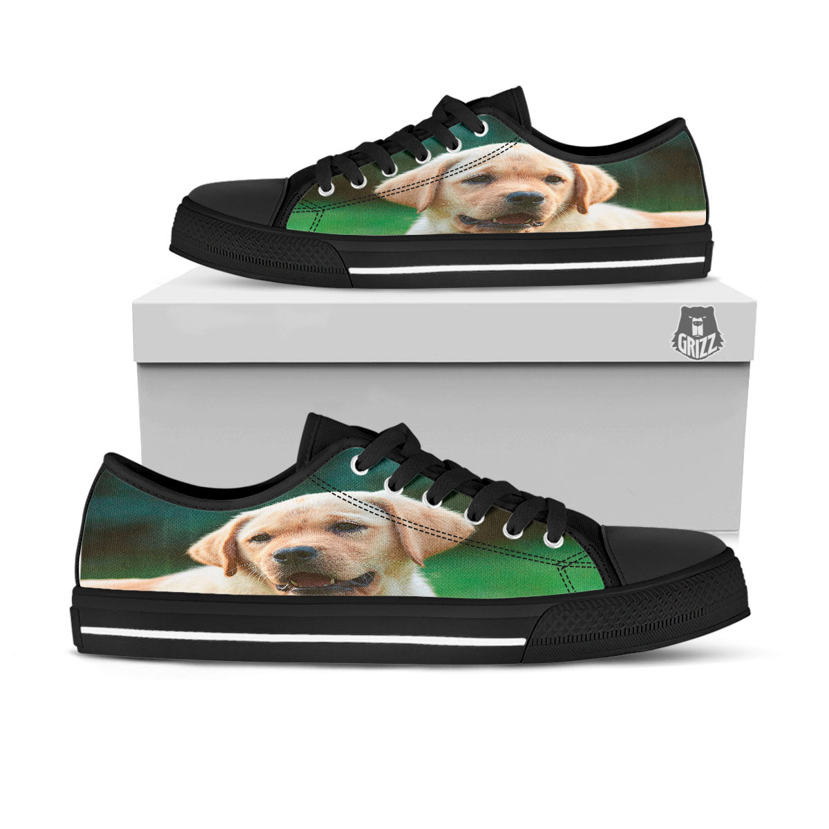 Puppy And Labrador Retriever Print Black Low Top Shoes-grizzshop