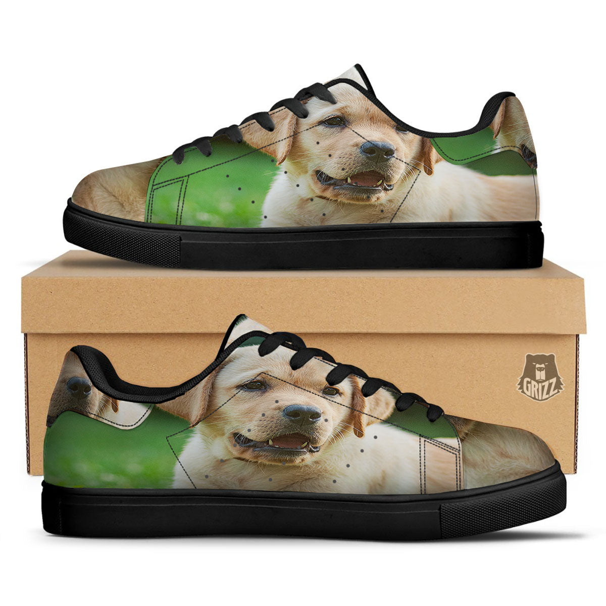 Puppy And Labrador Retriever Print Black Low Top Sneakers-grizzshop
