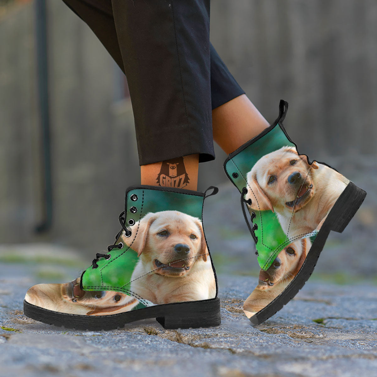 Puppy And Labrador Retriever Print Leather Boots-grizzshop