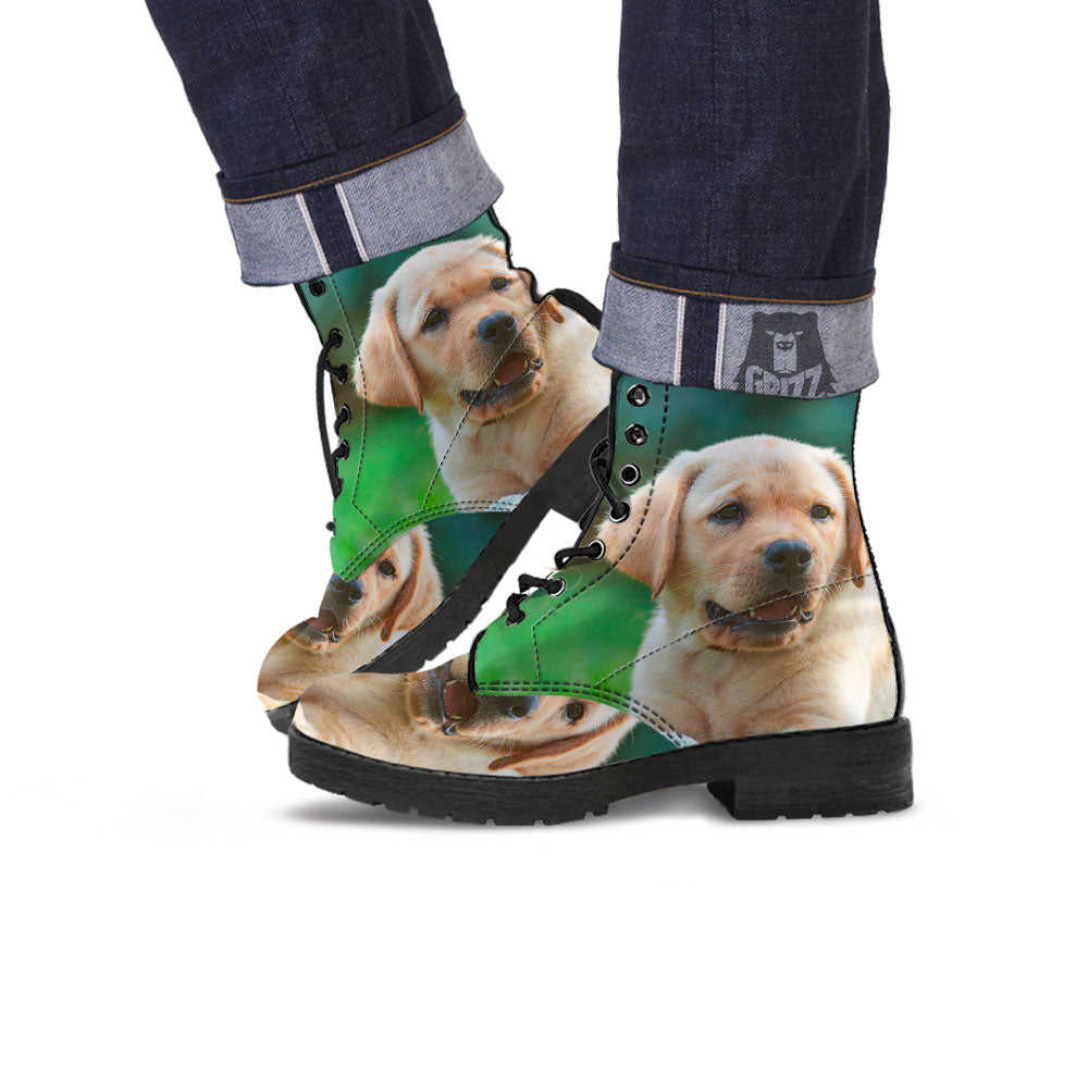 Puppy And Labrador Retriever Print Leather Boots-grizzshop