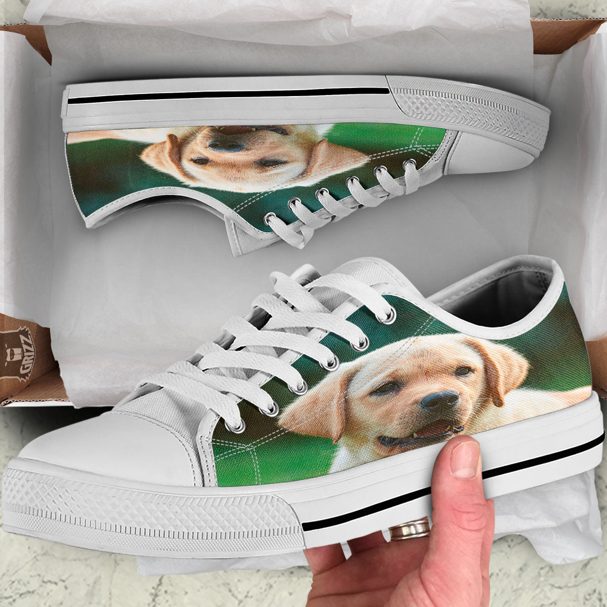 Puppy And Labrador Retriever Print White Low Top Shoes-grizzshop
