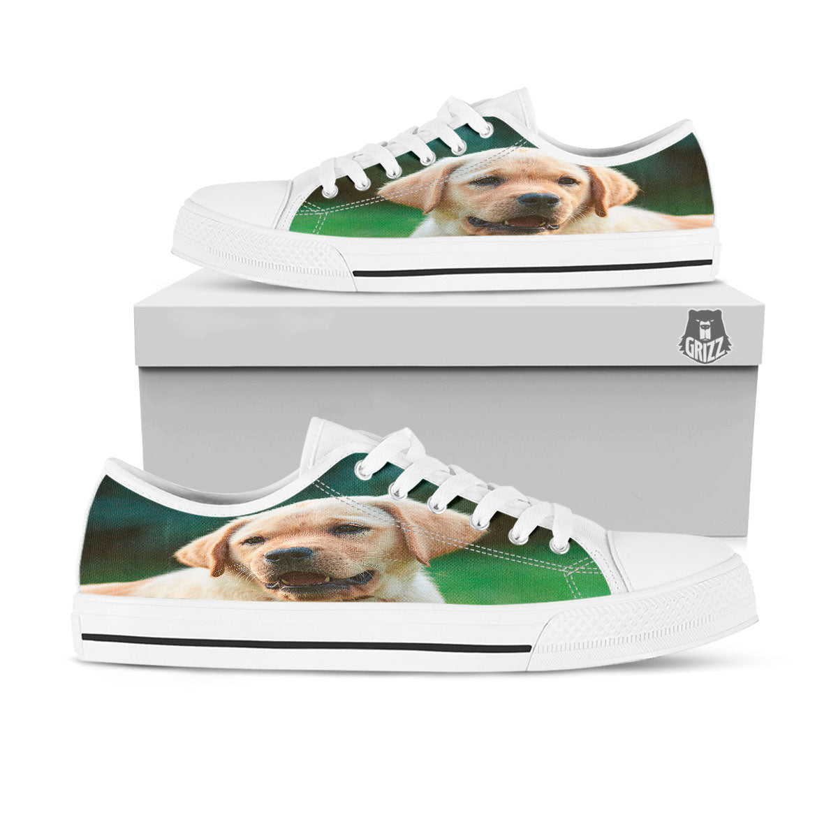 Puppy And Labrador Retriever Print White Low Top Shoes-grizzshop