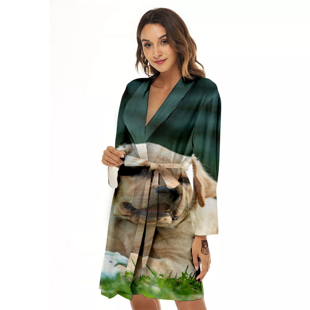 Puppy And Labrador Retriever Print Women's Robe-grizzshop
